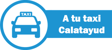 Un icono azul de un taxi en un c&iacute;rculo junto al texto "A tu taxi Calatayud" sobre un fondo azul.