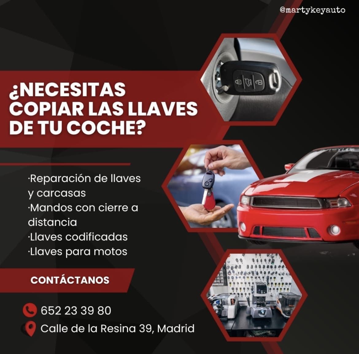 Anuncio de servicios de llaves de coche: texto sobre imágenes de una llave de coche.