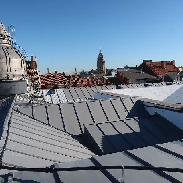 Vista desde una azotea de una ciudad con un cielo azul despejado. Los tejados grises y angulosos conducen a edificios y a la torre de una iglesia a lo lejos.