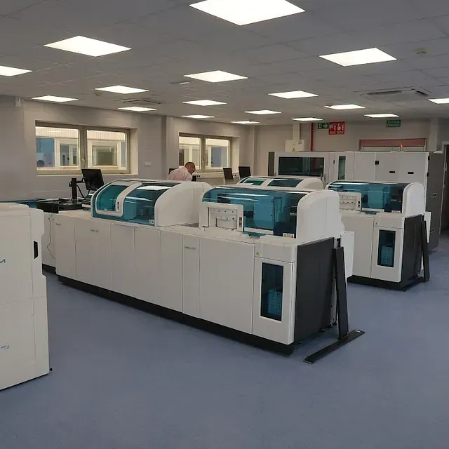 Laboratorio con equipo de diagnóstico médico automatizado; máquinas azul y blanco, luces fluorescentes.