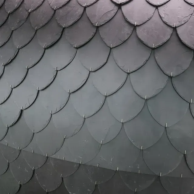 Baldosas de pizarra gris oscuro dispuestas en un patrón superpuesto en forma de escamas sobre una superficie curva.