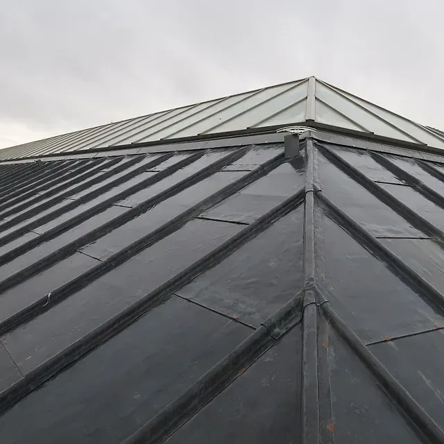 Techo de metal oscuro con tragaluz de vidrio contra un cielo nublado.