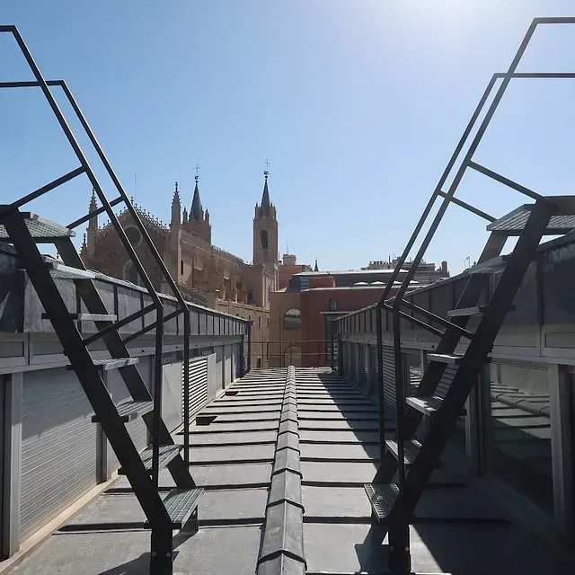 Dos escaleras de metal en una azotea con una catedral al fondo bajo un cielo brillante.