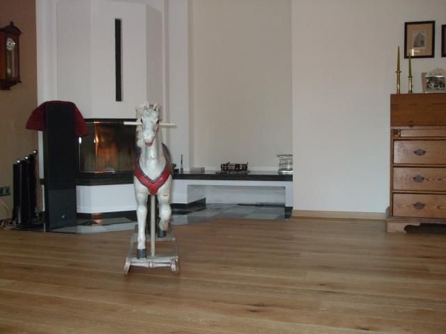 Ein Schaukelpferd in einem Wohnzimmer neben einem Kamin