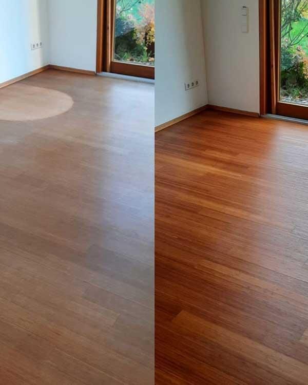 Ein Vorher-Nachher-Foto eines Holzbodens
