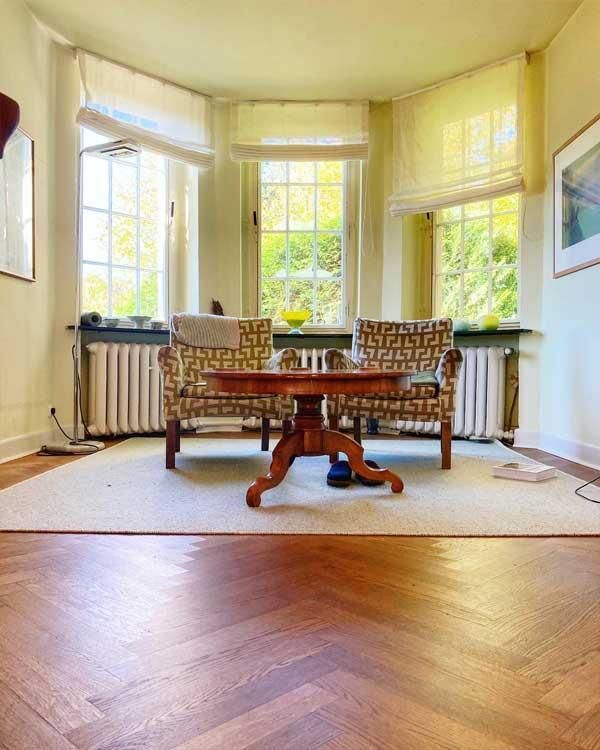 Ein Wohnzimmer mit zwei Stühlen, einem Tisch und einem Teppich.