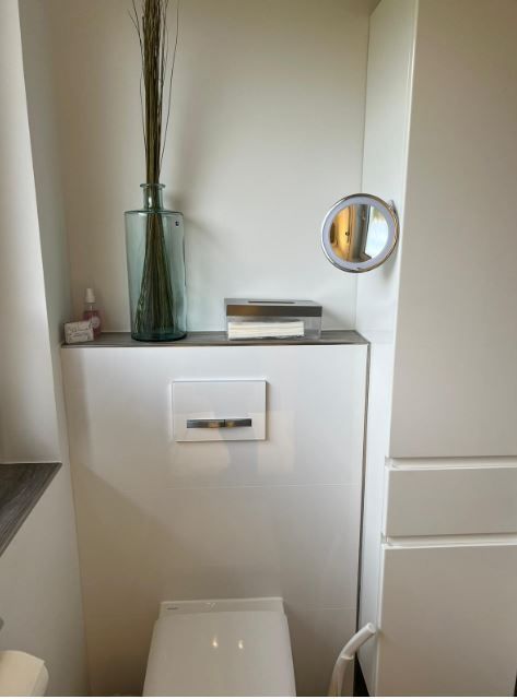 Ein Badezimmer mit Toilette, Spiegel und Vase an der Wand.