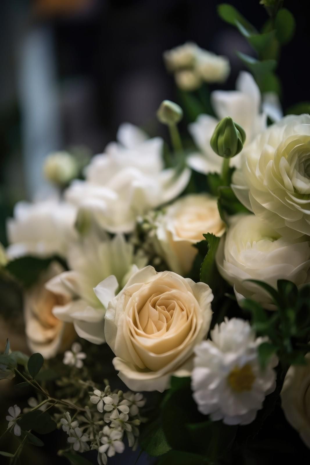 Un exuberante ramo de rosas color crema y blancas, ranúnculos y pequeñas flores de relleno en un arreglo suave y elegante.