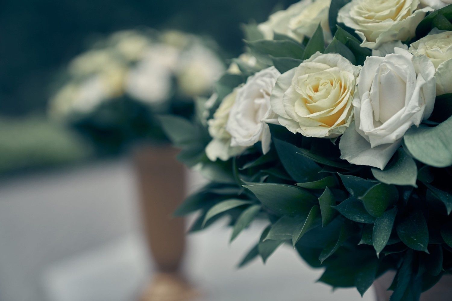 Dos ramos de rosas color crema y blancas con hojas verdes, uno enfocado con nitidez y el otro borroso al fondo.