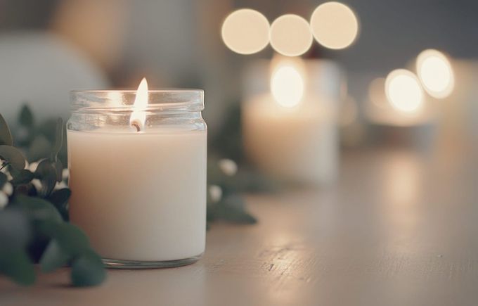 Una vela encendida en un frasco de vidrio reposa sobre una superficie junto a follaje verde, con velas ligeramente borrosas.