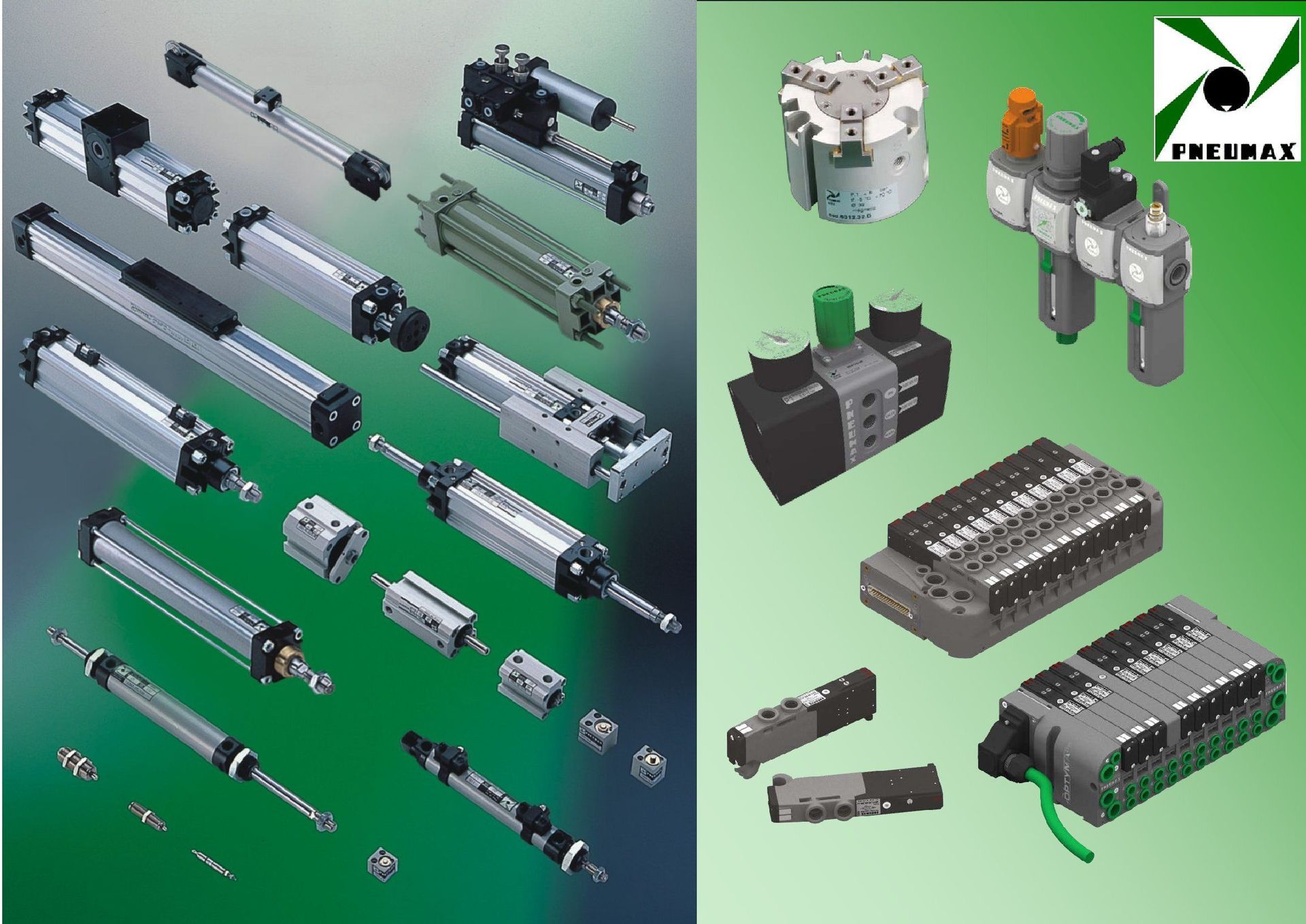 Un montón de diferentes tipos de cilindros sobre un fondo verde.