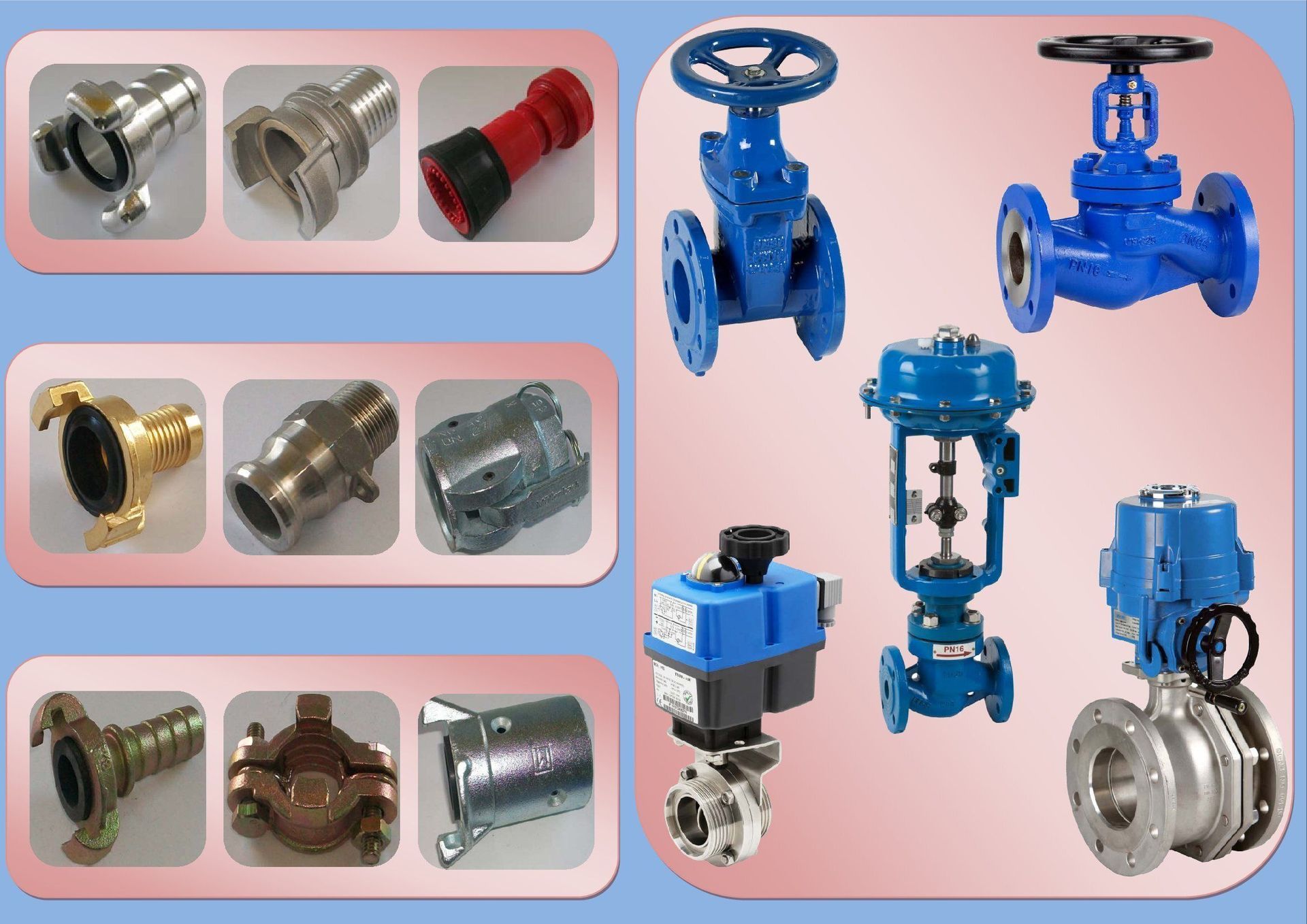 Un collage de diferentes tipos de válvulas y conectores.