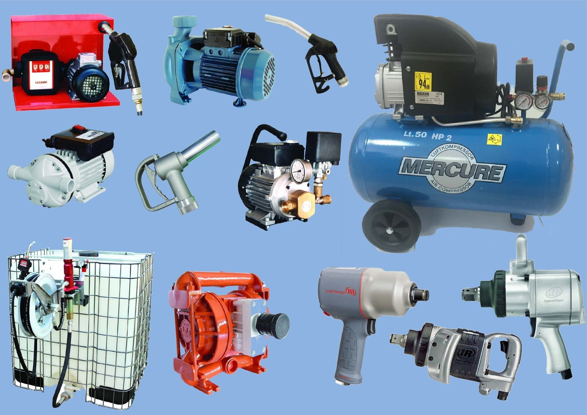 Un compresor de aire Mercure azul está rodeado de otras herramientas neumáticas.