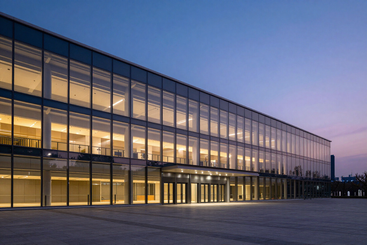 Modern basketball arena exterior glowing at twilight