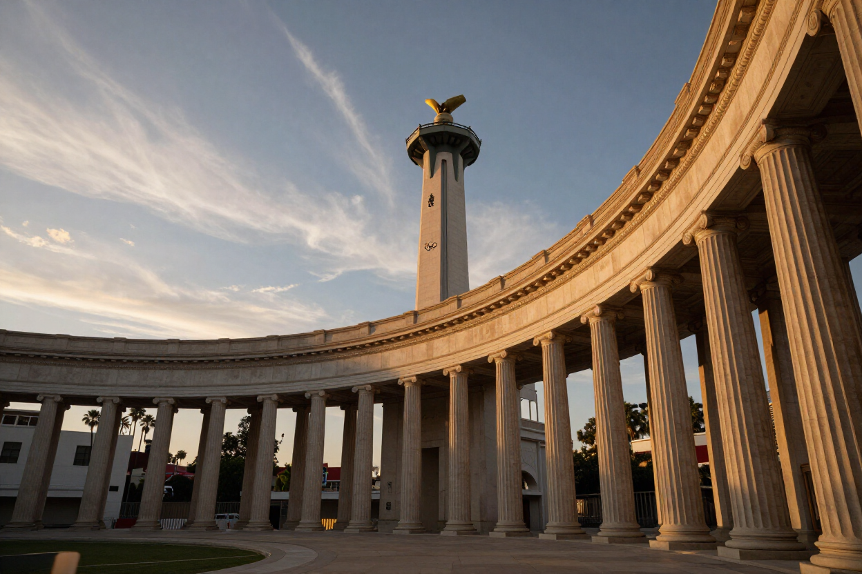 LA Memorial Coliseum peristyle and torch at late afternoon