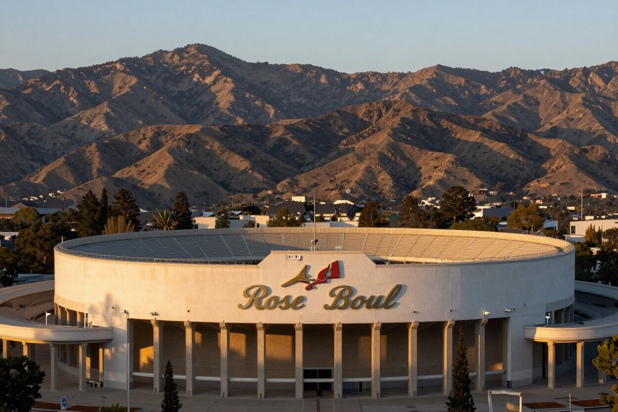 Rose Bowl Stadium exterior against mountains at golden hour