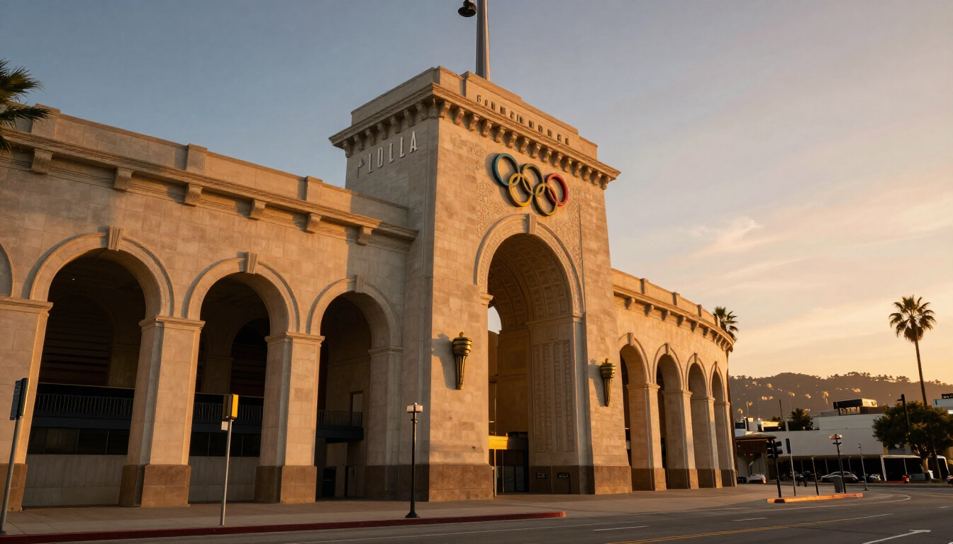 LA Memorial Coliseum exterior at golden hour
