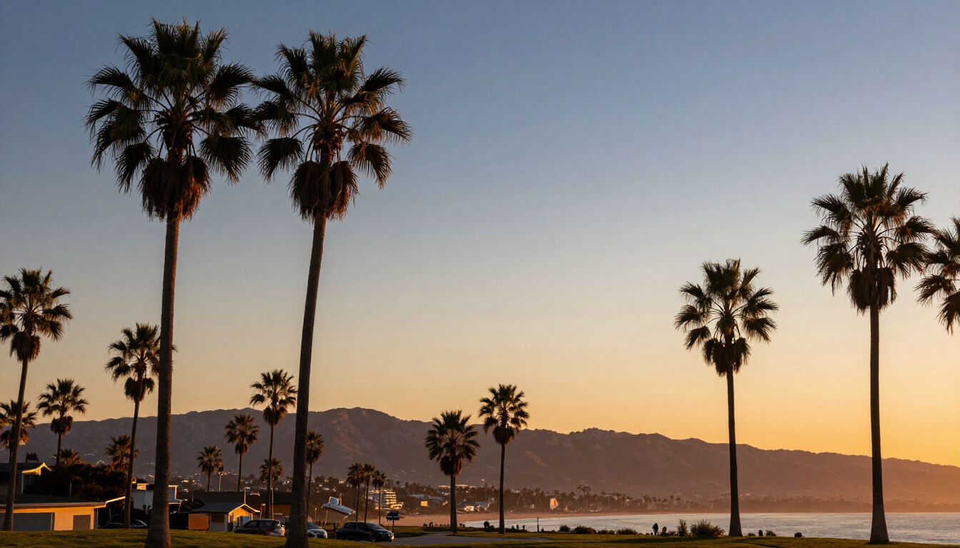 Venice Beach with palm trees, boardwalk and visitors