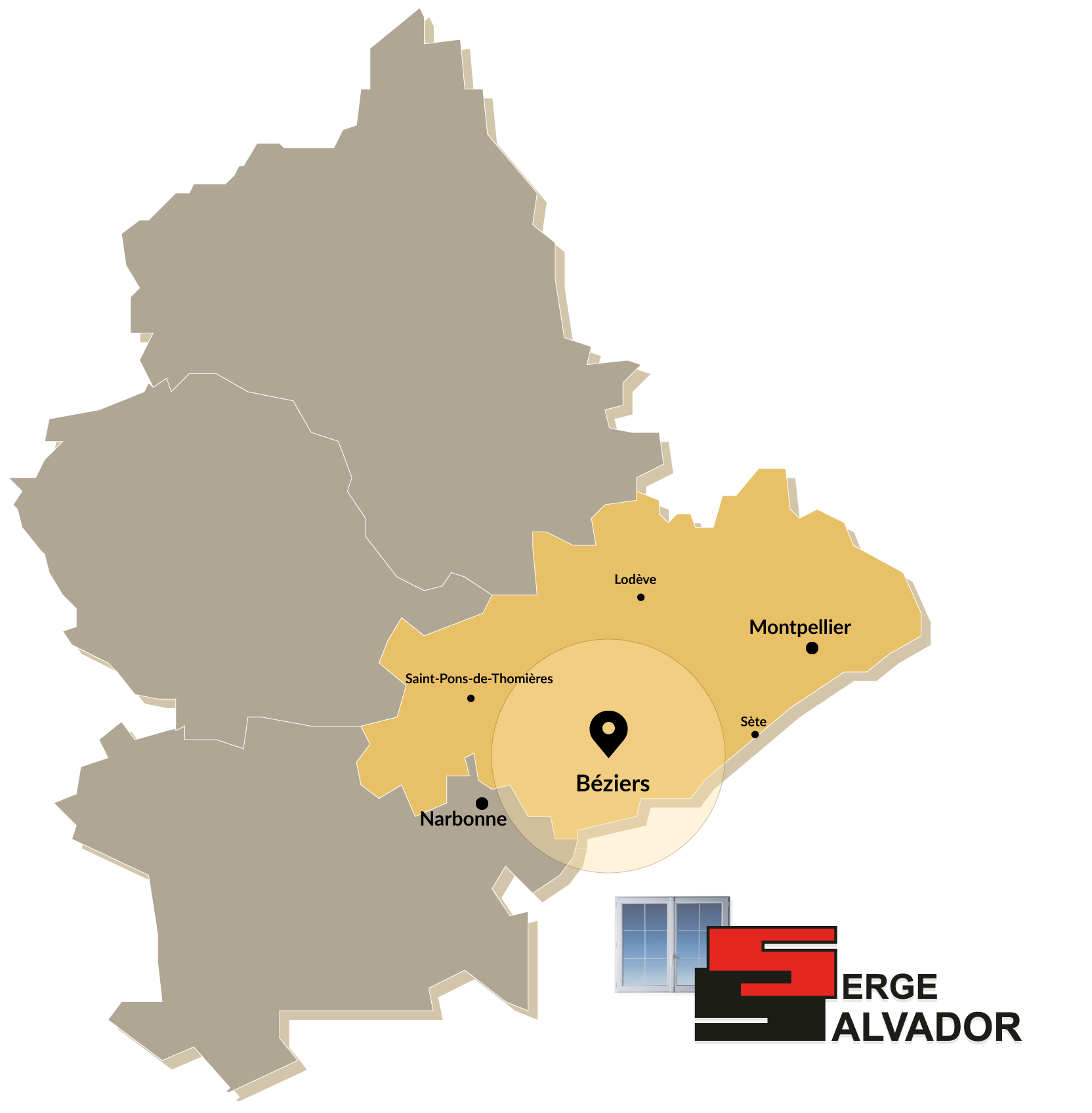 Carte stylisée de la zone d'intervention de Serge Salvador de 30 km autour de Béziers