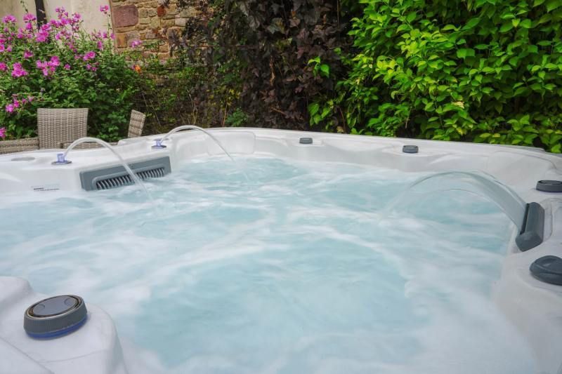 Bubbling hot tub with jets, surrounded by lush greenery and flowers.