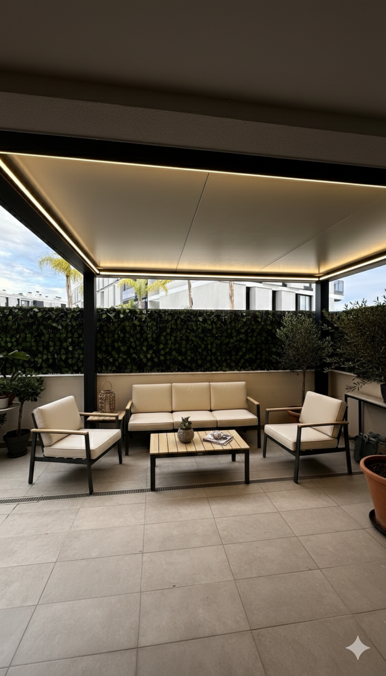 Zona de estar al aire libre con sofá, dos sillas y mesa de café bajo un patio cubierto.