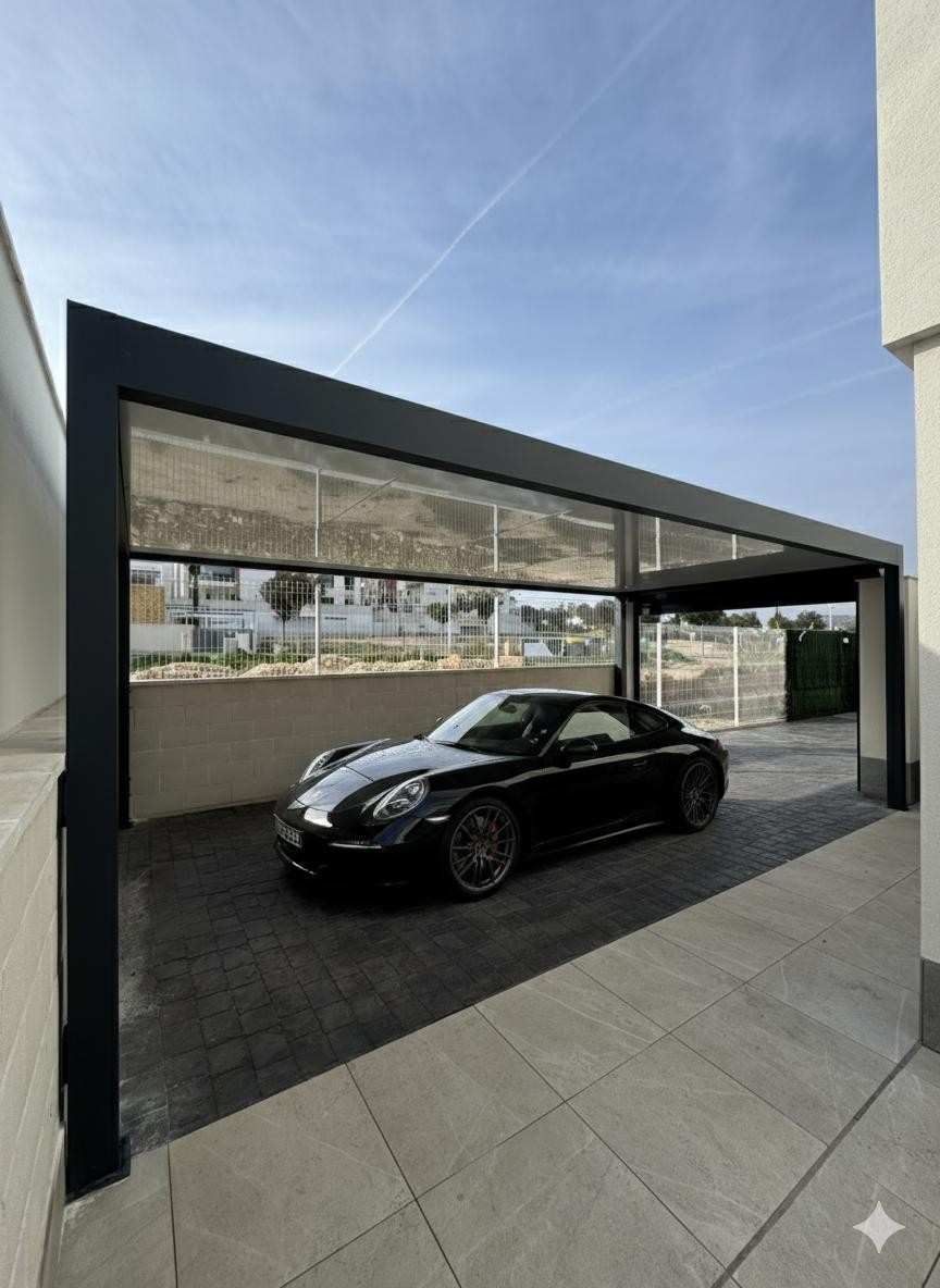 Pérgola sobre el patio, con el sol entrando por las lamas. Vista exterior con la casa al fondo, seto verde y asientos.