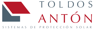 Un logotipo para toldos anton con un triángulo rojo y azul.