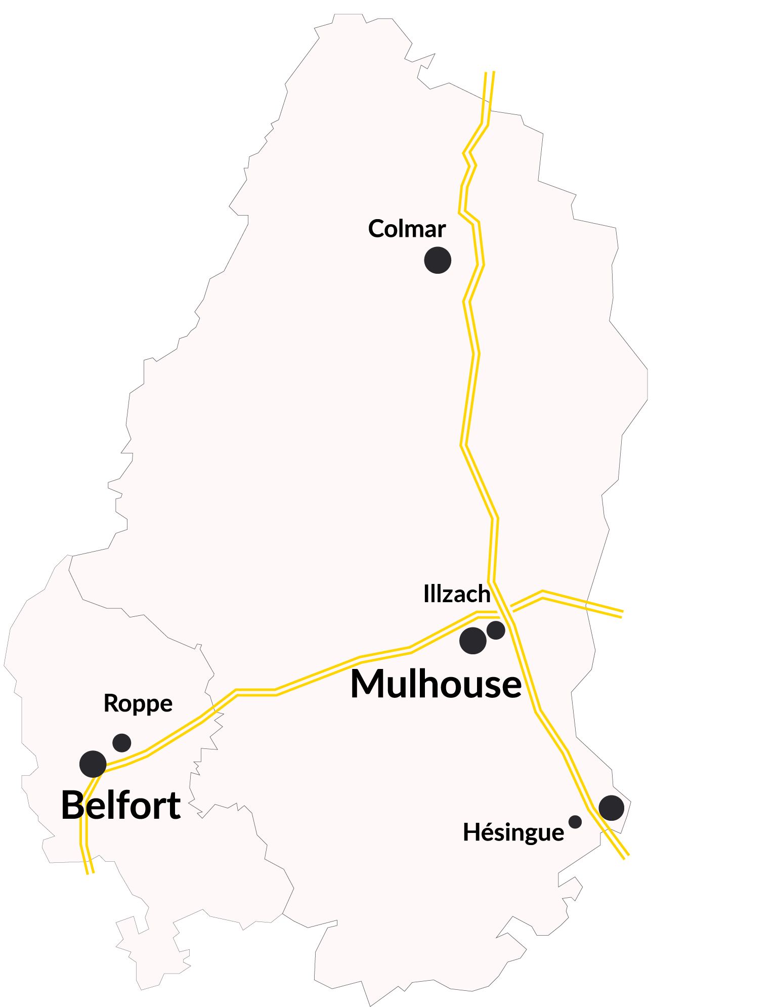 Carte stylisée indiquant les quatre garages autour de Mulhouse et Belfort.