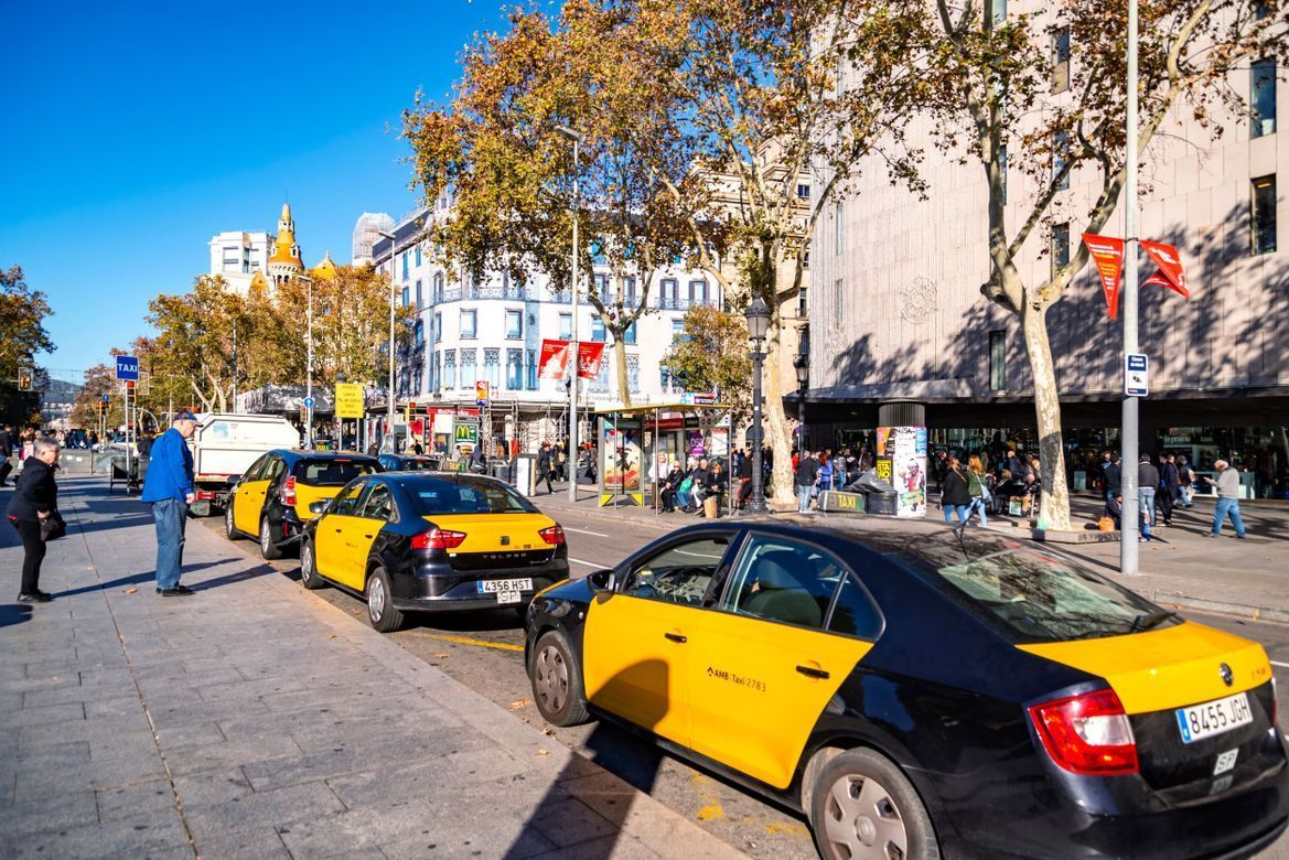 Una fila de taxis amarillos y negros están estacionados en una calle de la ciudad.