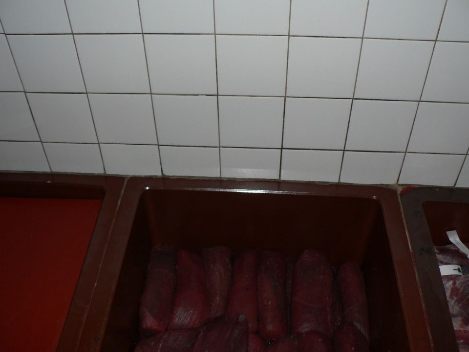 Eine Wanne mit Fleisch, Mitarbeiter bei der Wurstproduktion, Spezialitäten-Metzg Splügen, Strub Orlando