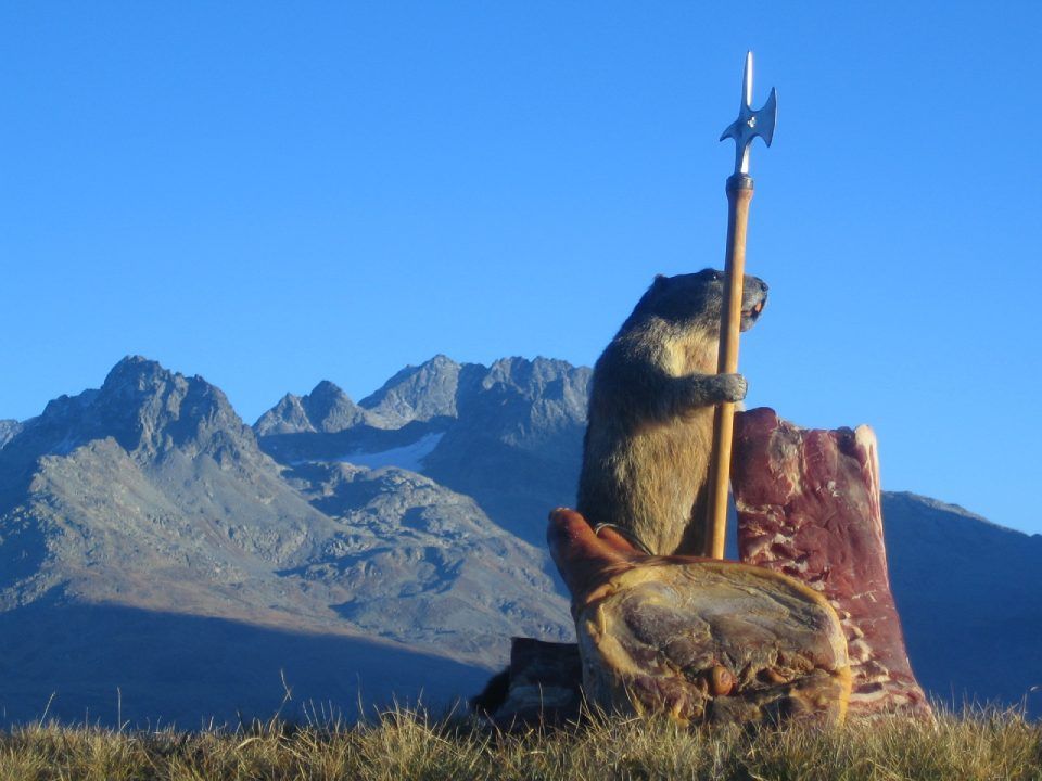 Murmeltier vor Bergkulisse, Mitarbeiter bei der Wurstproduktion, Spezialitäten-Metzg Splügen, Strub Orlando