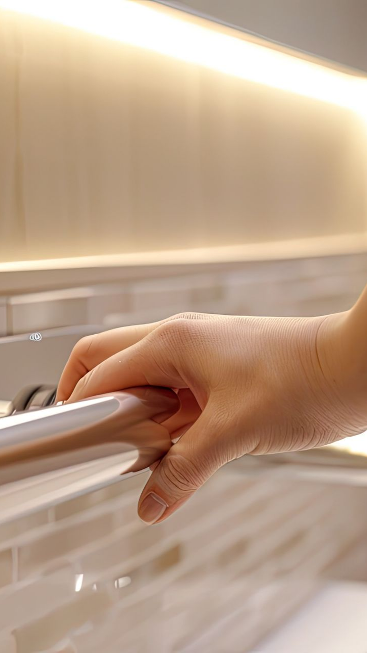 Main d'une personne tenant une balustrade en métal argenté, probablement comme support dans une cuisine de couleur claire.