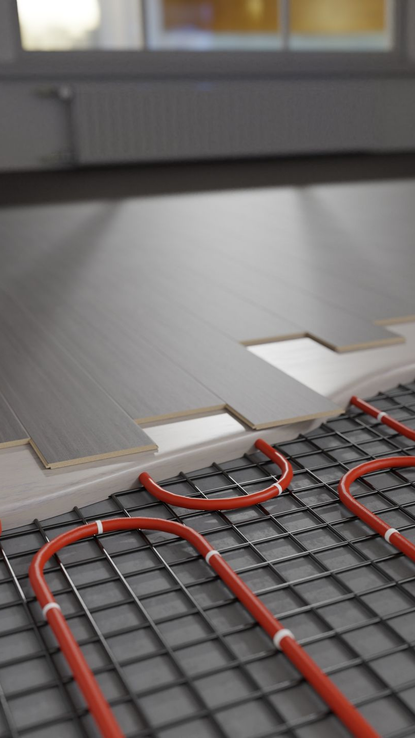 Gros plan d'un système de plancher chauffant. Des tubes rouges sont fixés à un treillis métallique sous un revêtement de sol clair.