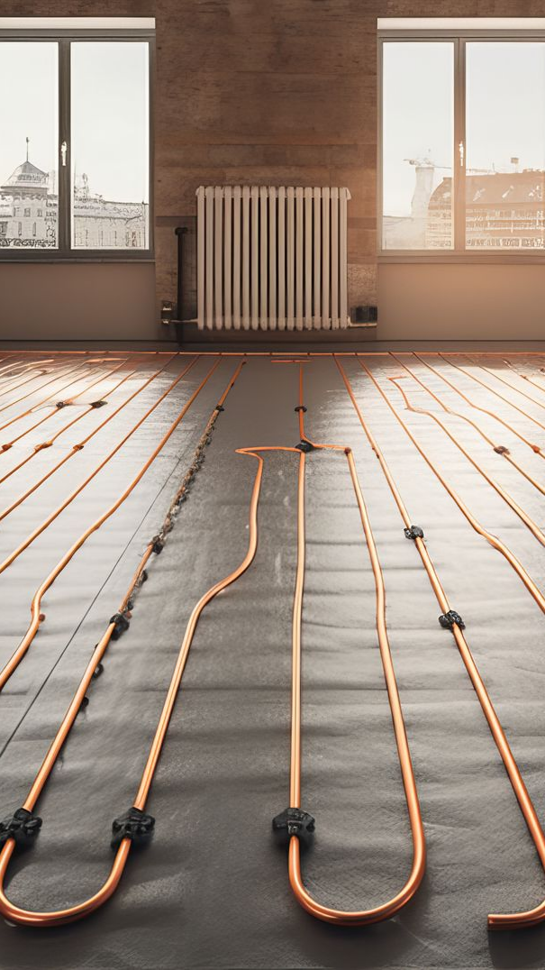 Tuyaux en cuivre posés sur un sol, prêts à être chauffés. Fenêtres et radiateur en arrière-plan.