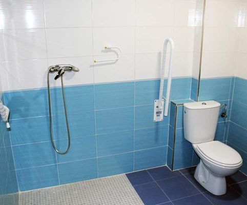 Un baño con azulejos azules, un inodoro y una ducha.