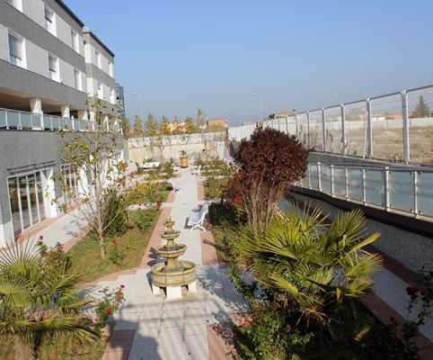 Un jardín con una fuente en el medio.