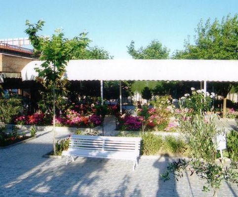 Un banco blanco se encuentra bajo un dosel blanco en un jardín.