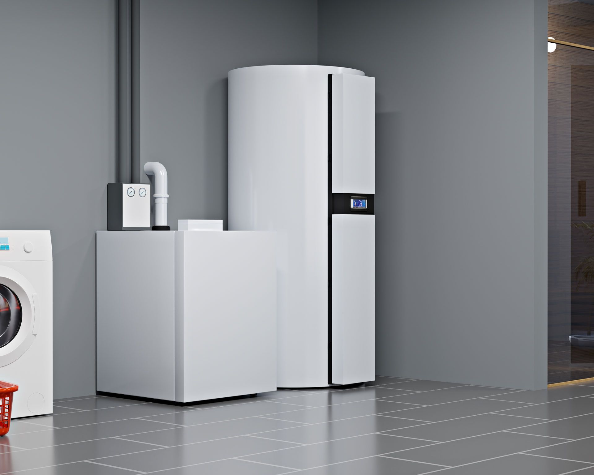 Intérieur de maison avec un cellier et des appareils reliés à un chauffe-eau