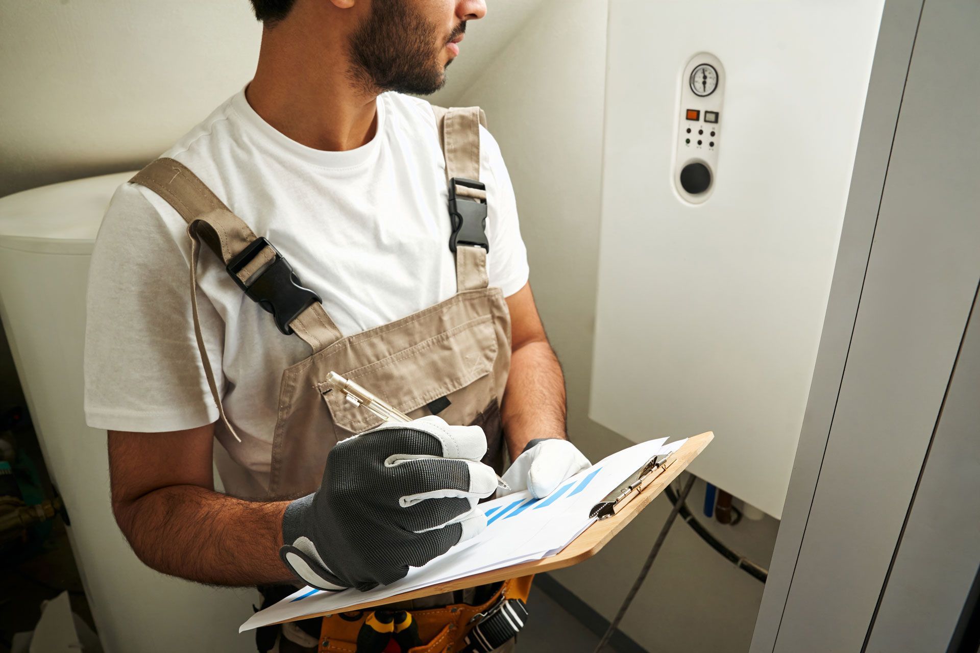 Un expert contrôlant un chauffe-eau