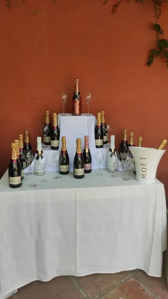 Barriles de vino con botellas en un patio embaldosado, junto a una tela rosa y una planta en maceta bajo un toldo blanco.