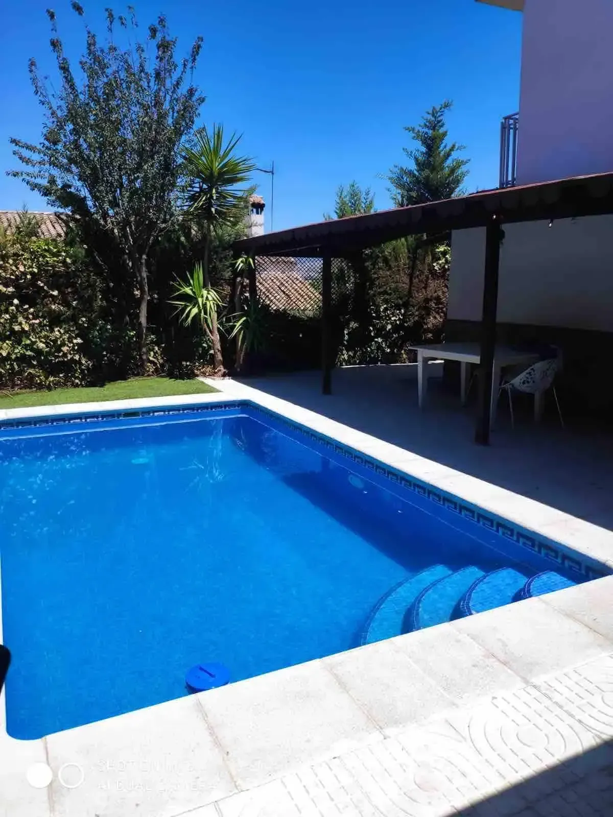 Piscina en el patio trasero con agua azul, terraza blanca y asientos de patio a la sombra bajo un cielo despejado.