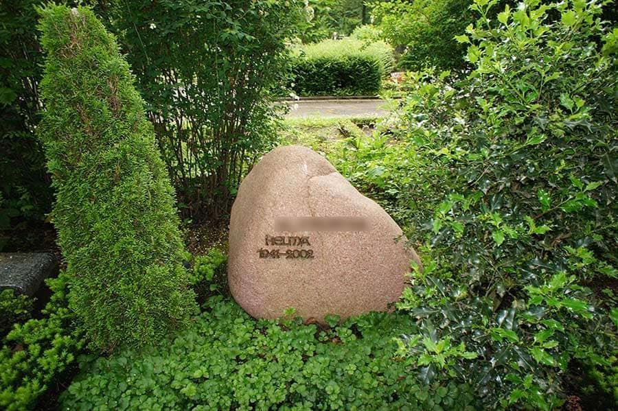 Ein großer Felsen inmitten eines üppigen grünen Gartens
