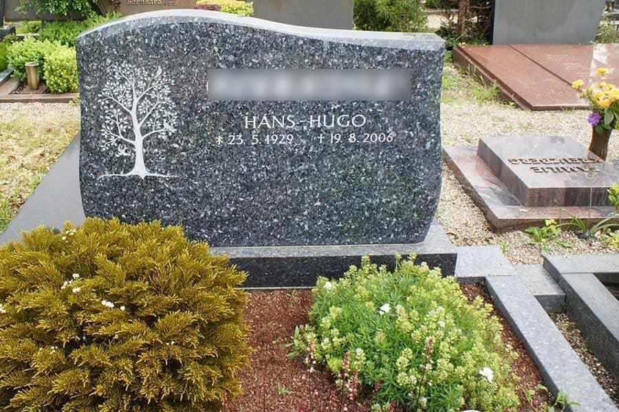 Ein Grabstein auf einem Friedhof mit dem Namen Hans Hugo darauf