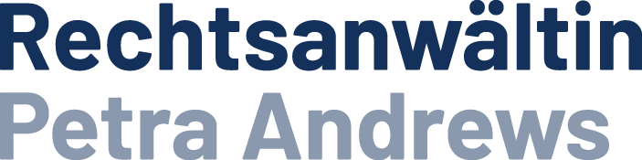 "Rechtsanw&auml;ltin Petra Andrews" in dark and light blue.