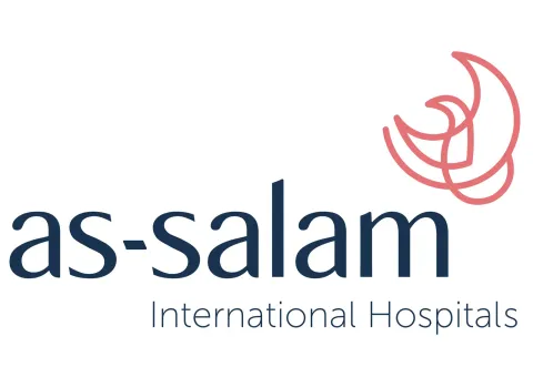 Logo for As-Salam International Hospitals with a pink crescent-shaped abstract icon.