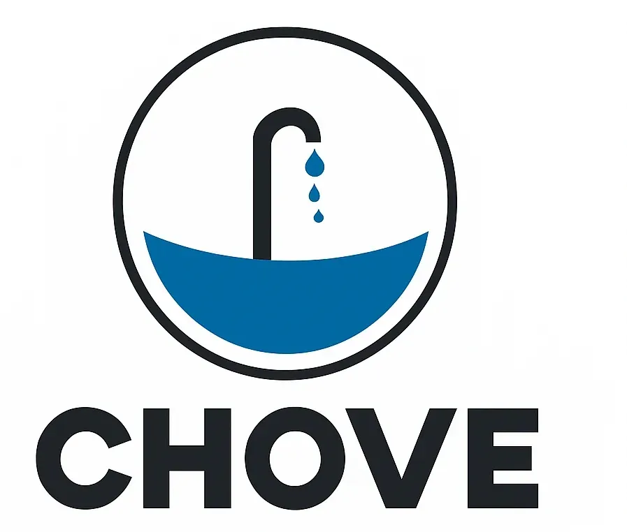 La palabra "Chove" en azul con un contorno negro.