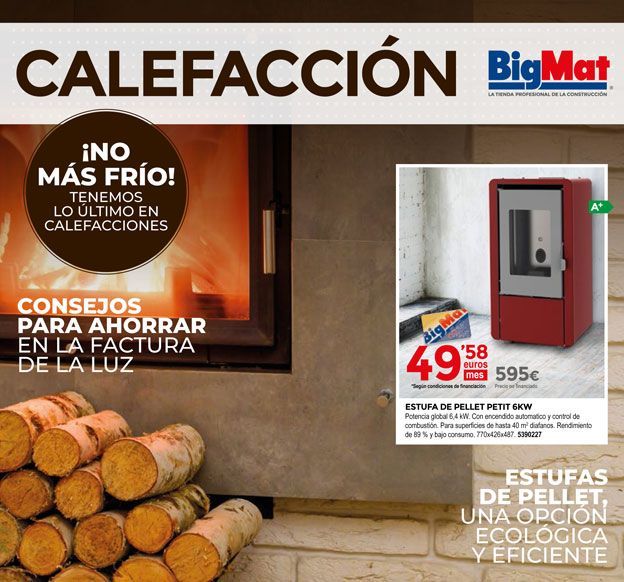 Un anuncio de Bigmat con una pila de troncos.