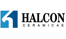 El logotipo de Halcon Ceramics es azul y negro.