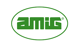 Un logotipo de Amig verde y blanco sobre un fondo blanco.