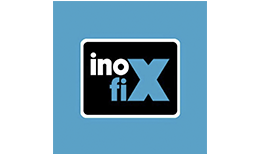 El logotipo de inox fix está sobre un fondo azul.